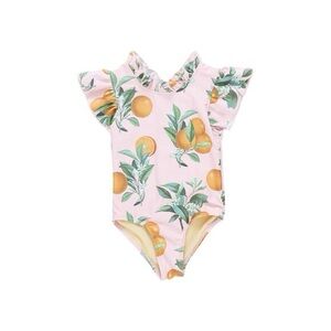 Pink Chicken Ruffled Swimsuit with Orange Print 3Y GUC